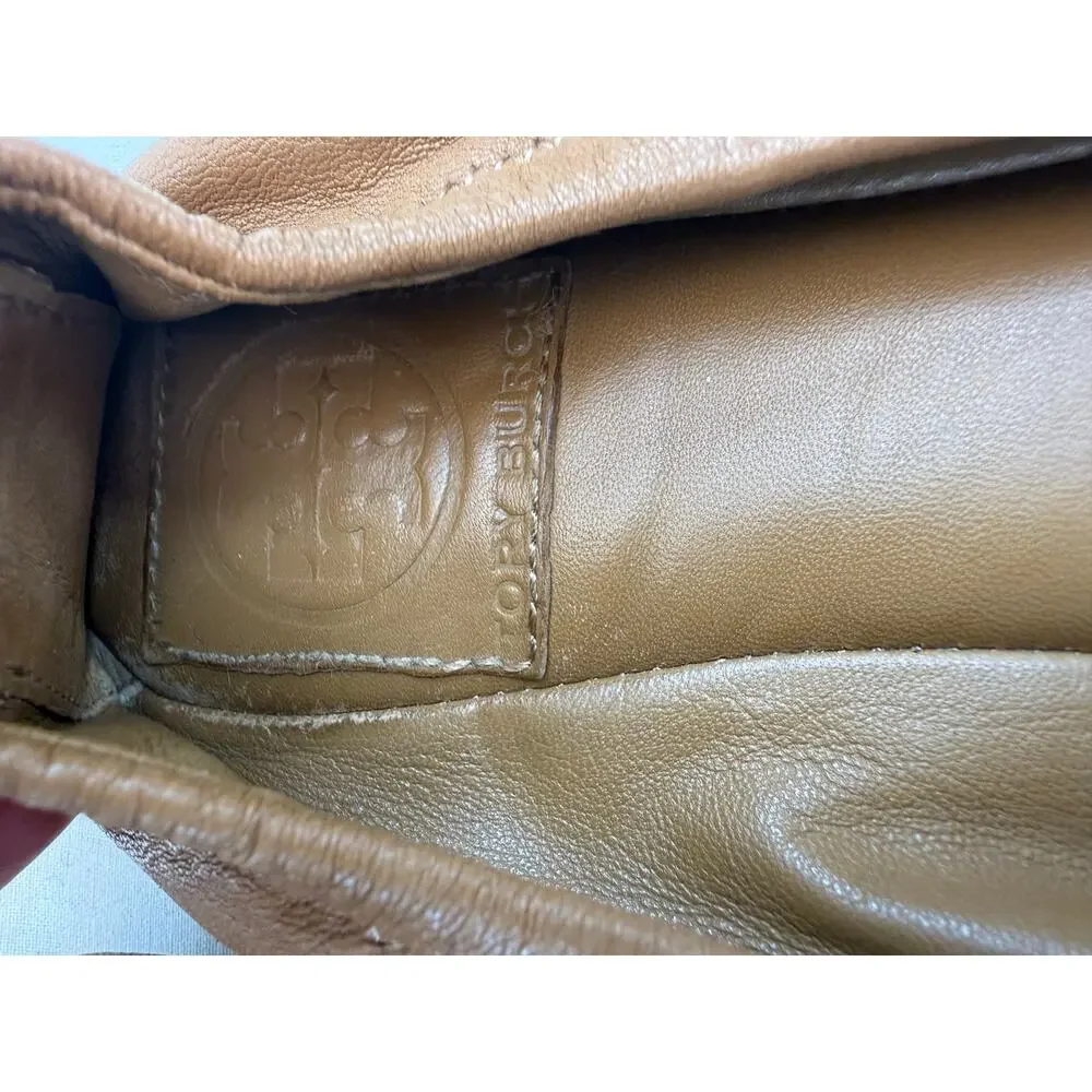 Tory Burch Eddie Leather Ballet Flats Camel Tan Size 8 Logo Foldable Flats
